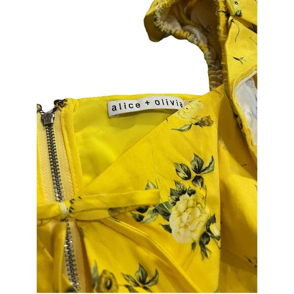 Alice + Olivia Shanae Floral Print Smocked Ruffle Crop Top | Womens L, Yellow - Picture 7 of 9